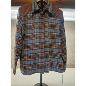 Norton McNaughton Womens Plaid Button Up Jacket Blue Brown Faux Suede Yoke Large